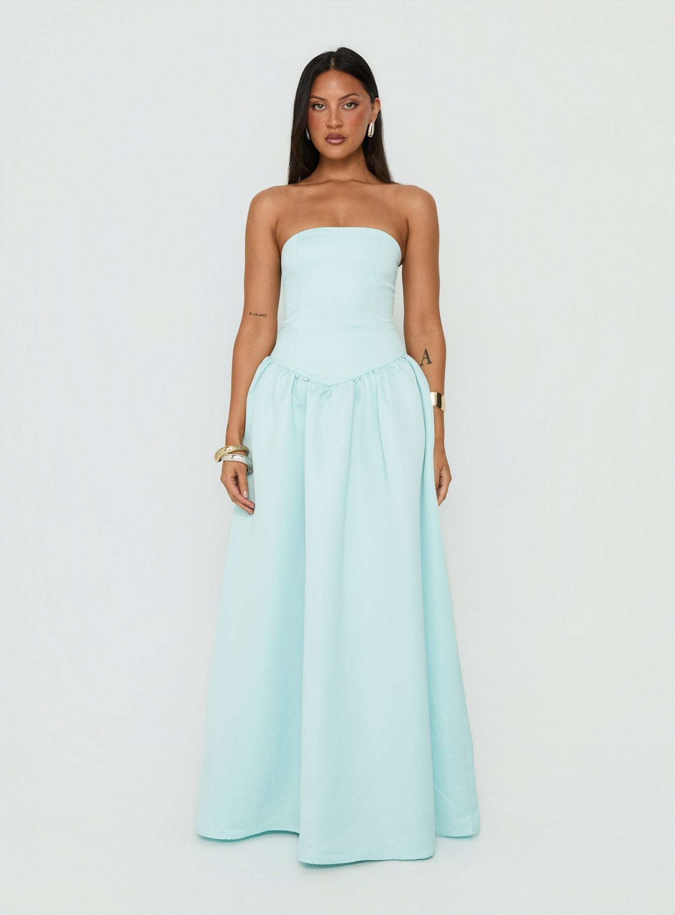Soft Bloom Drop Waist Strapless Maxi Dress Blue