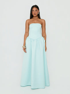 Soft Bloom Drop Waist Strapless Maxi Dress Blue