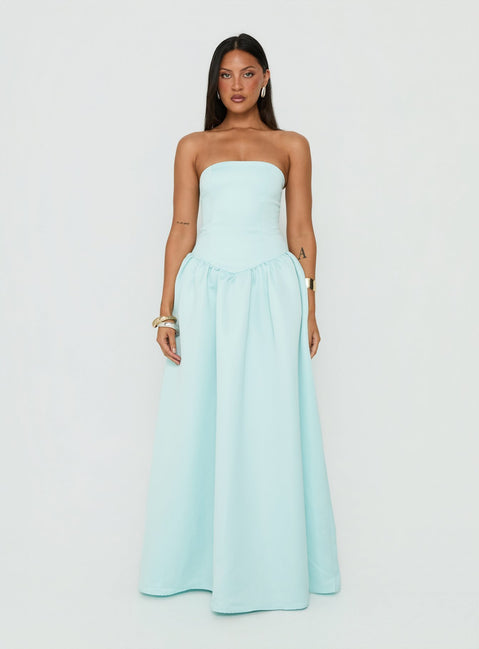 Soft Bloom Drop Waist Strapless Maxi Dress Blue