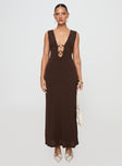 Front view of model wearing  front Princess Polly Crew Neck  Steward Maxi Dress Chocolate