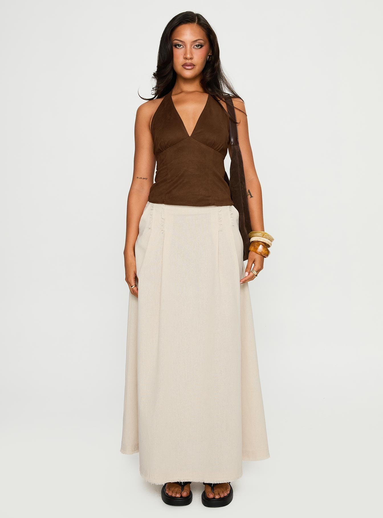   side view of model wearing Princess Polly Bohemian Spirit Maxi Skirt Beige Maxi 