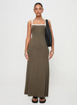 front view of model wearing Princess Polly Austrina Maxi Dress Olive Square Neck 