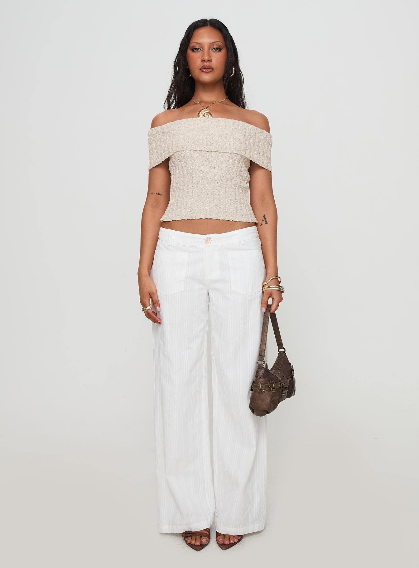Murmur Off Shoulder Top Beige | Princess Polly