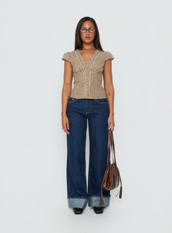 Bradlie Frill Detail Short Sleeve Blouse Top Chocolate Gingham