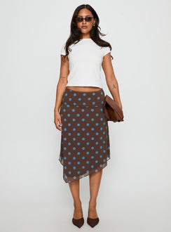   front view of model wearing Princess Polly Daphene Asymmetrical Midi Skirt Brown / Blue Polka Dot Midi Skirts 