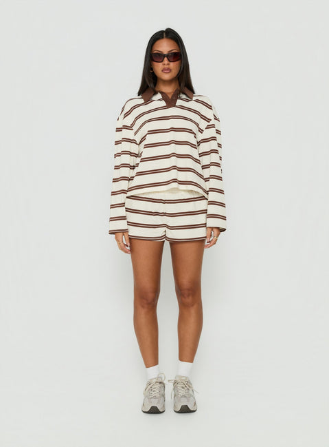 Eddi Long Sleeve Polo Top Cream / Brown Stripe