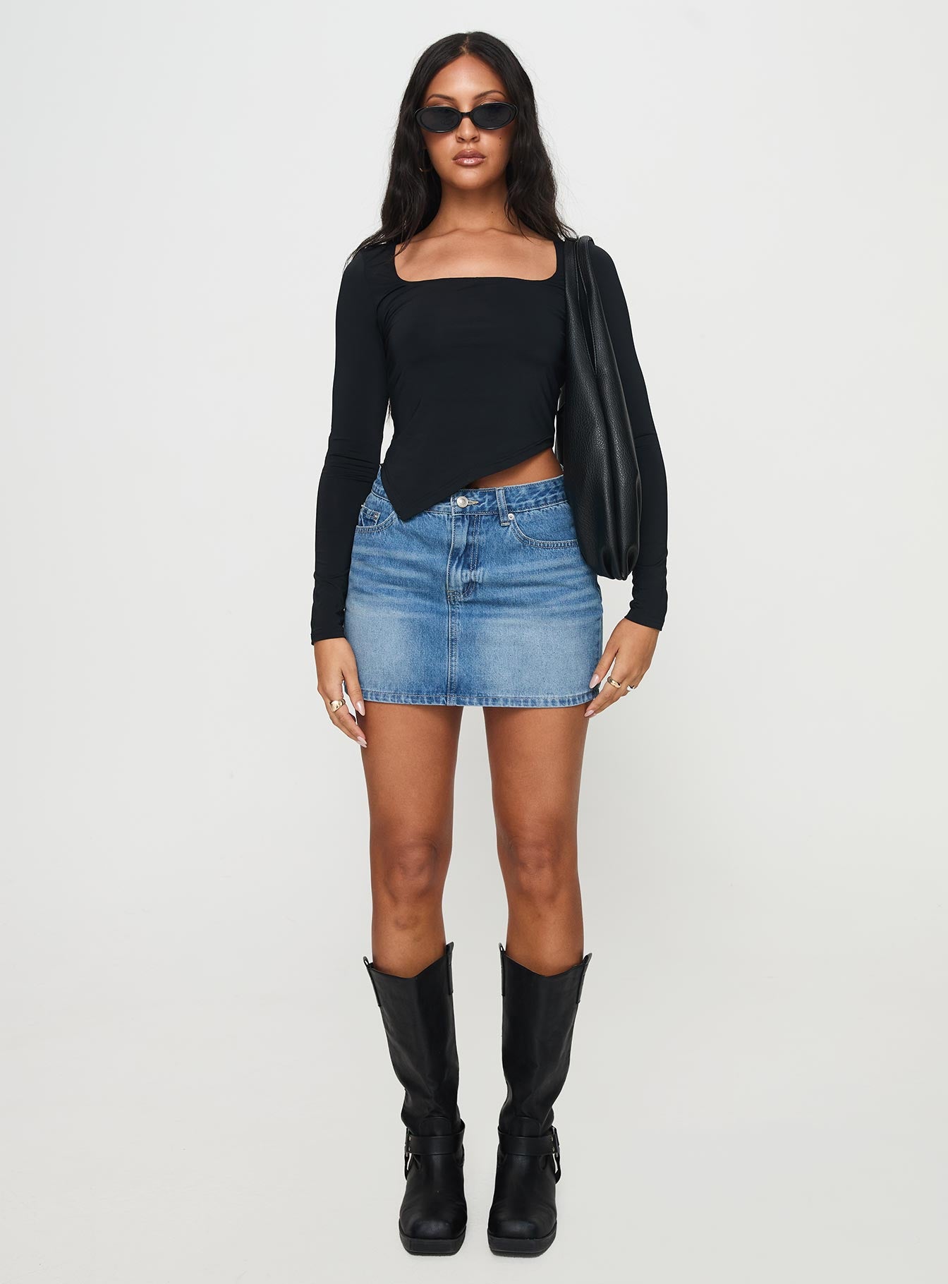 back view of model wearing Princess Polly Inca Long Sleeve Top Black Full Sleeves Square Neck 