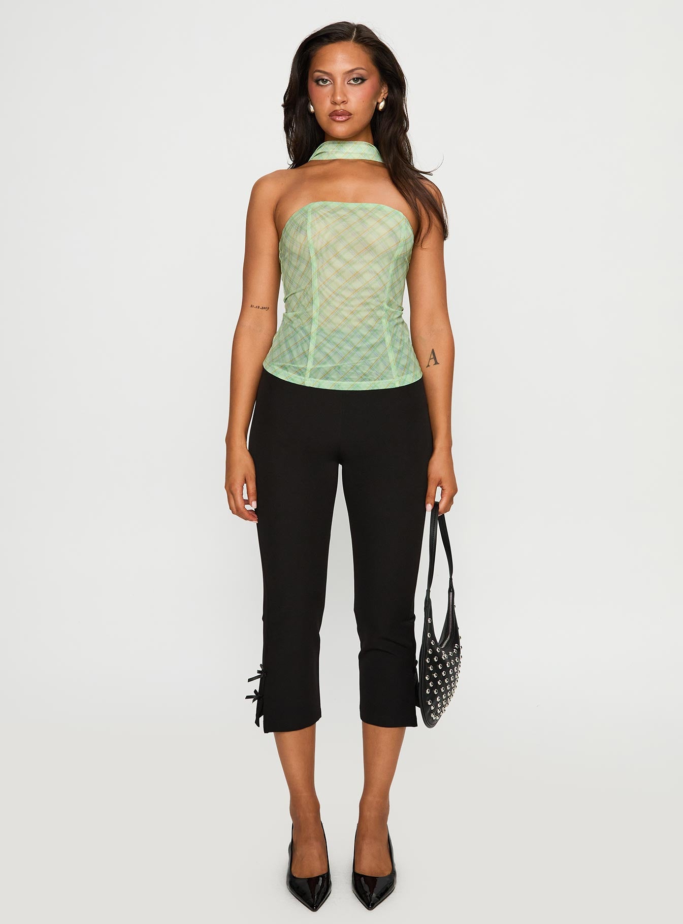 back view of model wearing Princess Polly No Comparison Neck Tie Strapless Top Green Check Sleeveless straight 