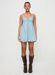 front view of model wearing Princess Polly Pavlos Mini Dress Light Blue Plunger 