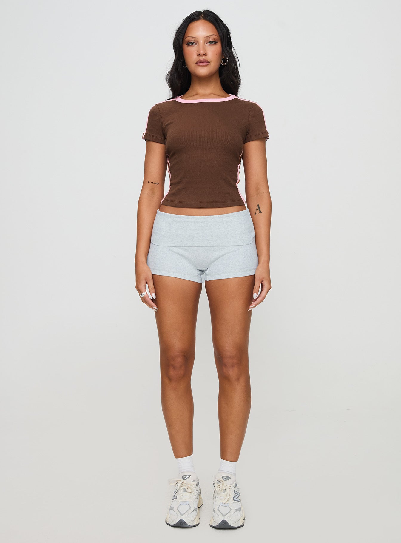 front view of model wearing Princess Polly Baseline Rib Tee Brown / Pink Short Sleeves Crew Neck 