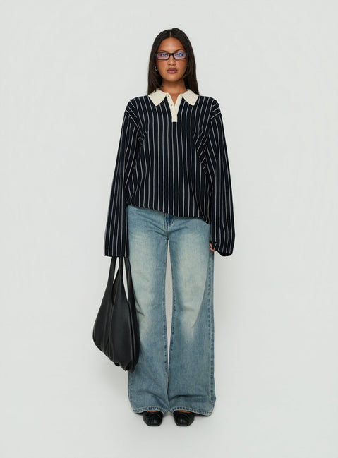 Boarders V Neck Polo Jumper Navy Stripe