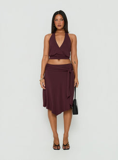 Soft Focus Tie Waist Midi Skirt Plum Noir