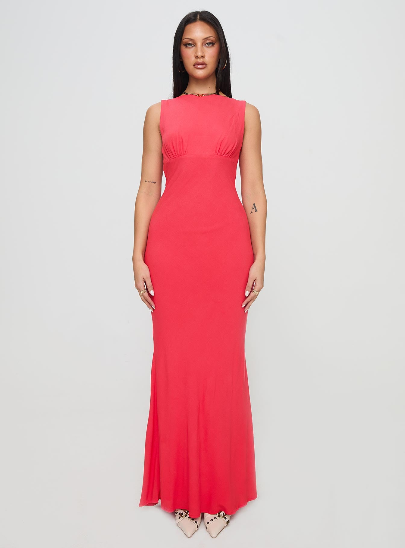 front view of model wearing Princess Polly Bourne Maxi Dress Red Crew Neck 