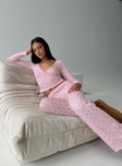 Pink Matching sleep set Butterfly print, v neckline, long sleeves, elasticated waistband