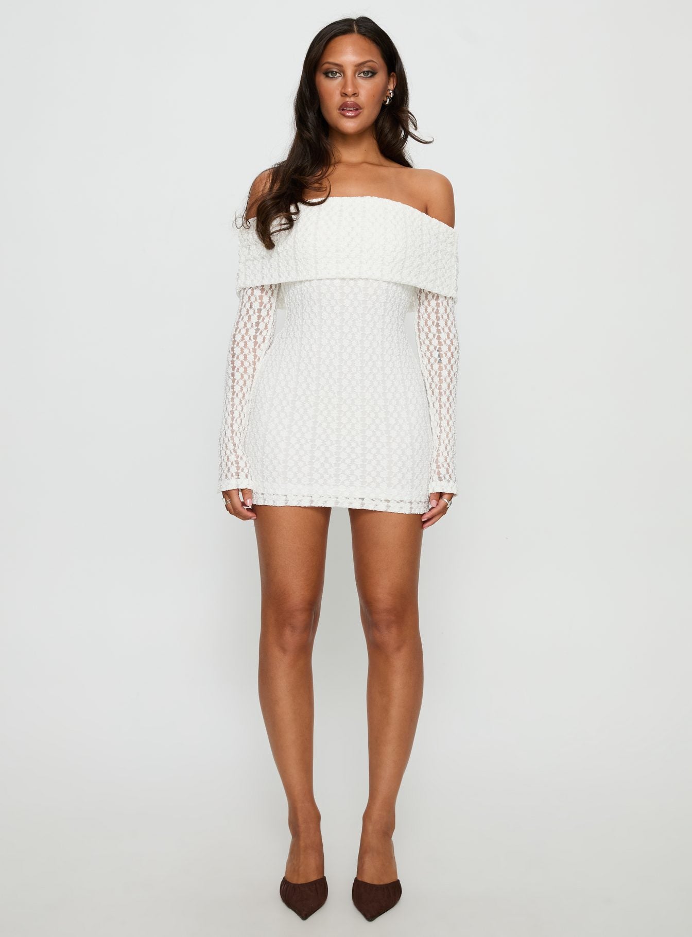 Leora Off Shoulder Long Sleeve Mini Dress White | Princess Polly Leora Off Shoulder Long Sleeve Mini Dress White | Princess Polly