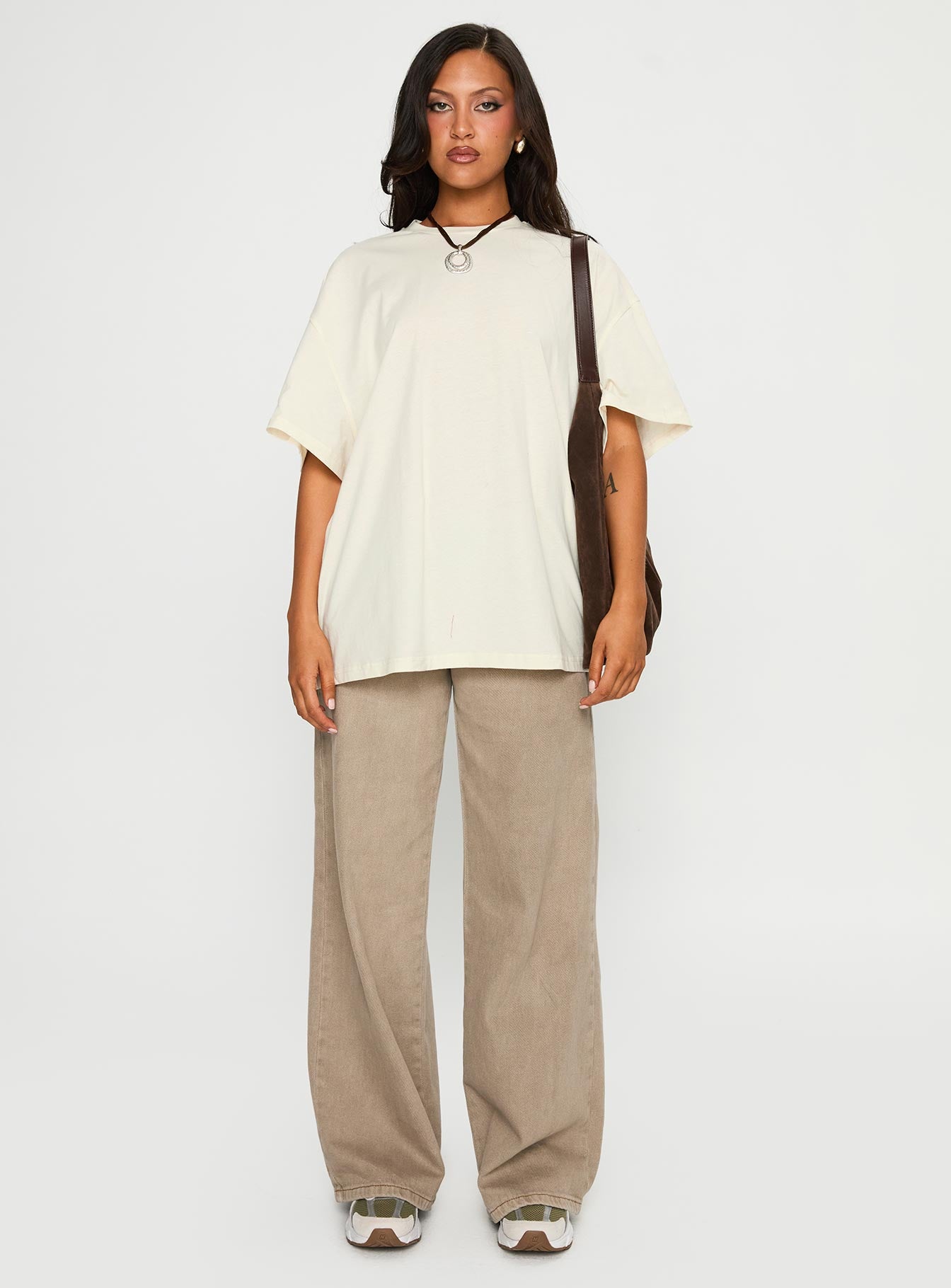 back view of model wearing Princess Polly What's In My Bag Graphic Top Cream / Multi Half Sleeves Crew Neck 