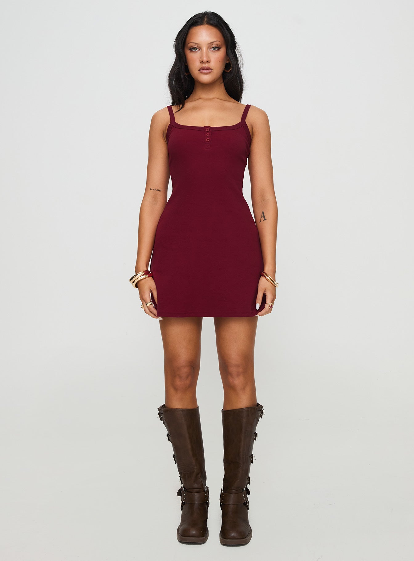 front view of model wearing Princess Polly Baseline Rib Mini Dress Red Scoop Neck 