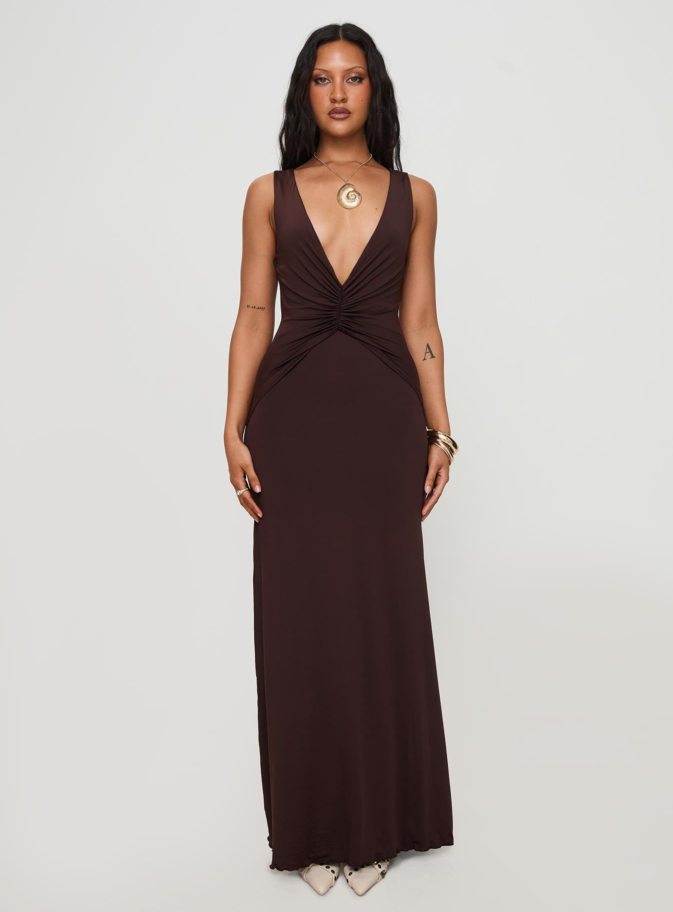 Frederica Plunge Maxi Dress Chocolate | Princess Polly Frederica Plunge Maxi Dress Chocolate | Princess Polly