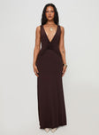 side view of model wearing Princess Polly Frederica Plunge Maxi Dress Chocolate Plunger 