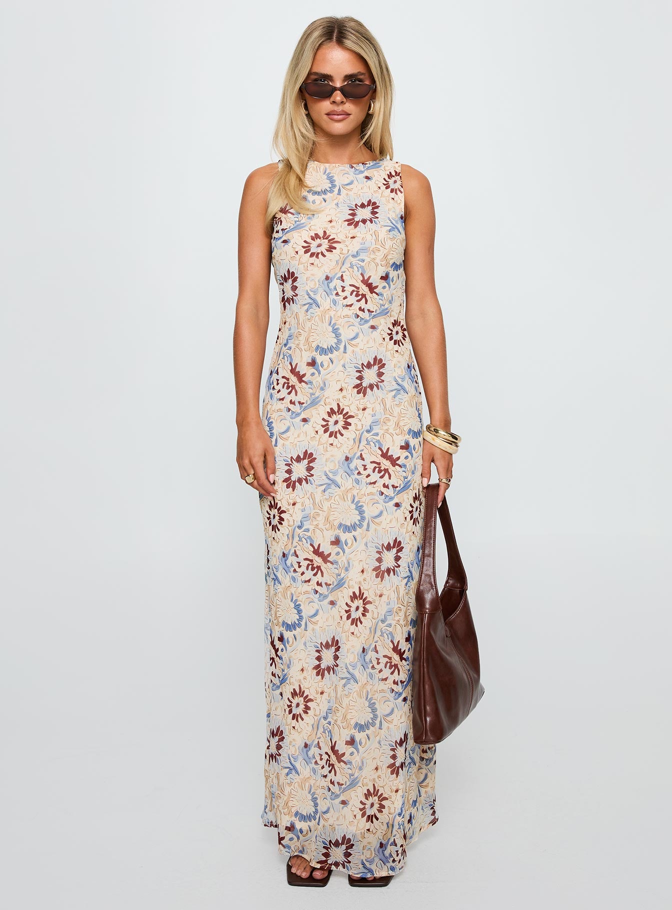 front view of model wearing Princess Polly Roam Free Maxi Dress Multi Crew Neck 