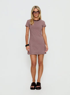 Settle Down Short Sleeve Mini Dress Pink / Brown Stripe