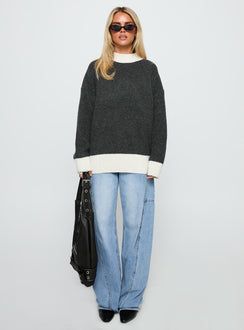 front view of model wearing Princess Polly Broken Hearts Club Knit Sweater Grey regular 