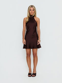 Primevere Halter Mini Dress Burgundy Polka Dot