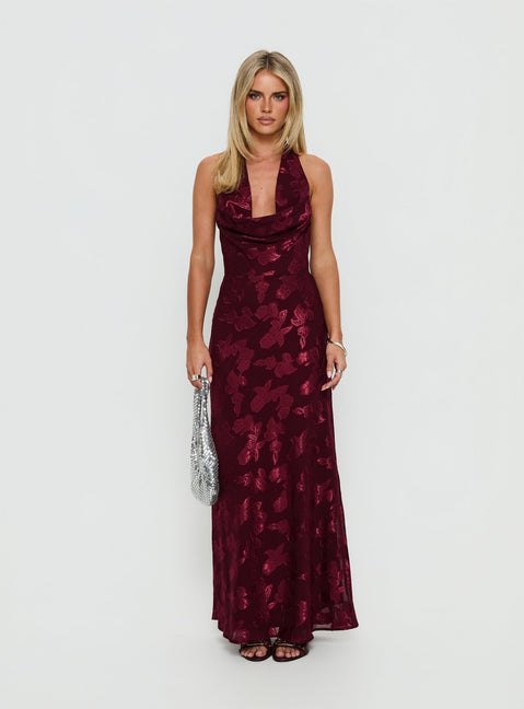 Jazminah Halter Cowl Neck Maxi Dress Burgundy