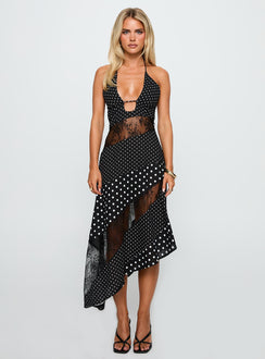 Down With Love Asymmetrical Midi Dress Black / White Polka | Princess Polly Down With Love Asymmetrical Midi Dress Black / White Polka | Princess Polly
