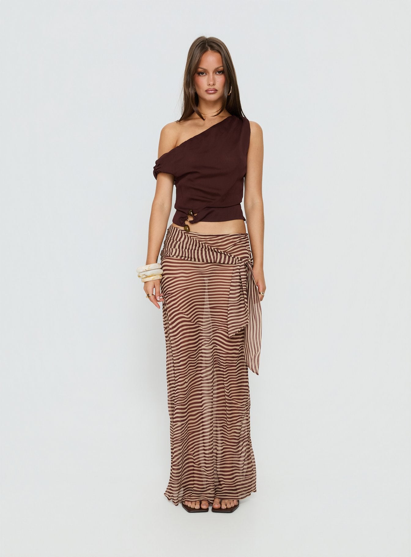   side view of model wearing Princess Polly True Spirit Chiffon Maxi Skirt Multi Maxi Skirts 