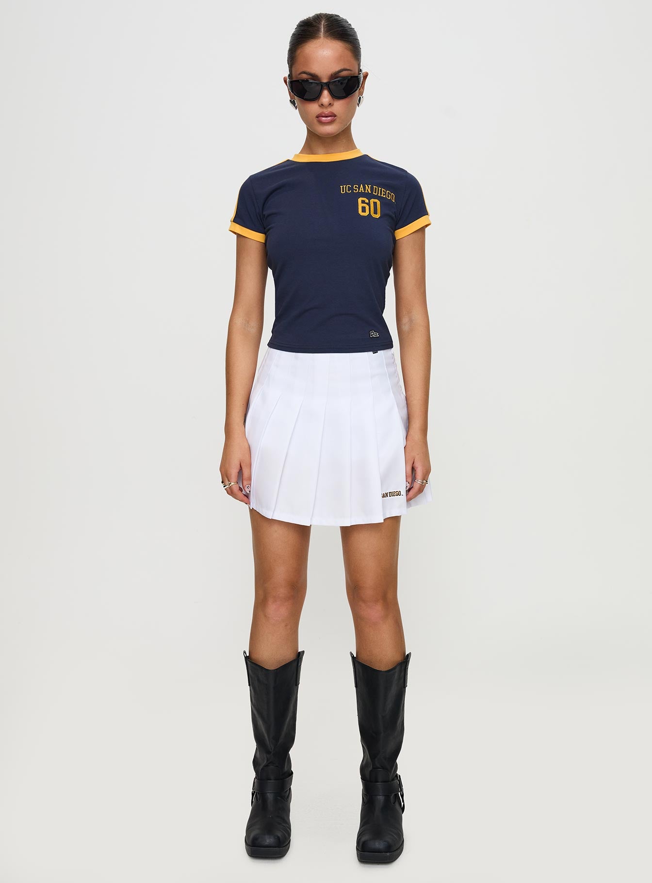 front view of model wearing Princess Polly UCSD Goalie Baby Tee Navy Short Sleeves Crew Neck 