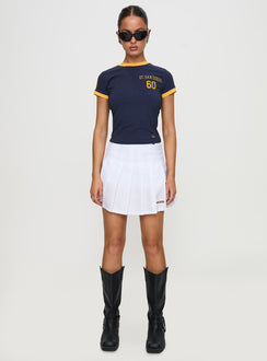 front view of model wearing Princess Polly UCSD Goalie Baby Tee Navy Short Sleeves Crew Neck 