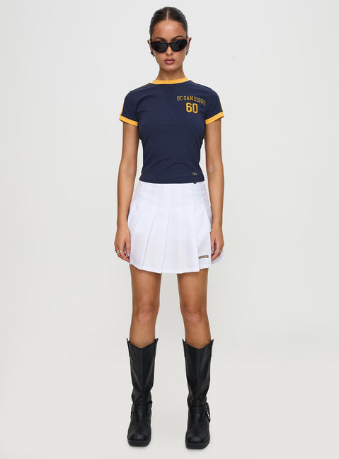 front view of model wearing Princess Polly UCSD Goalie Baby Tee Navy Short Sleeves Crew Neck 