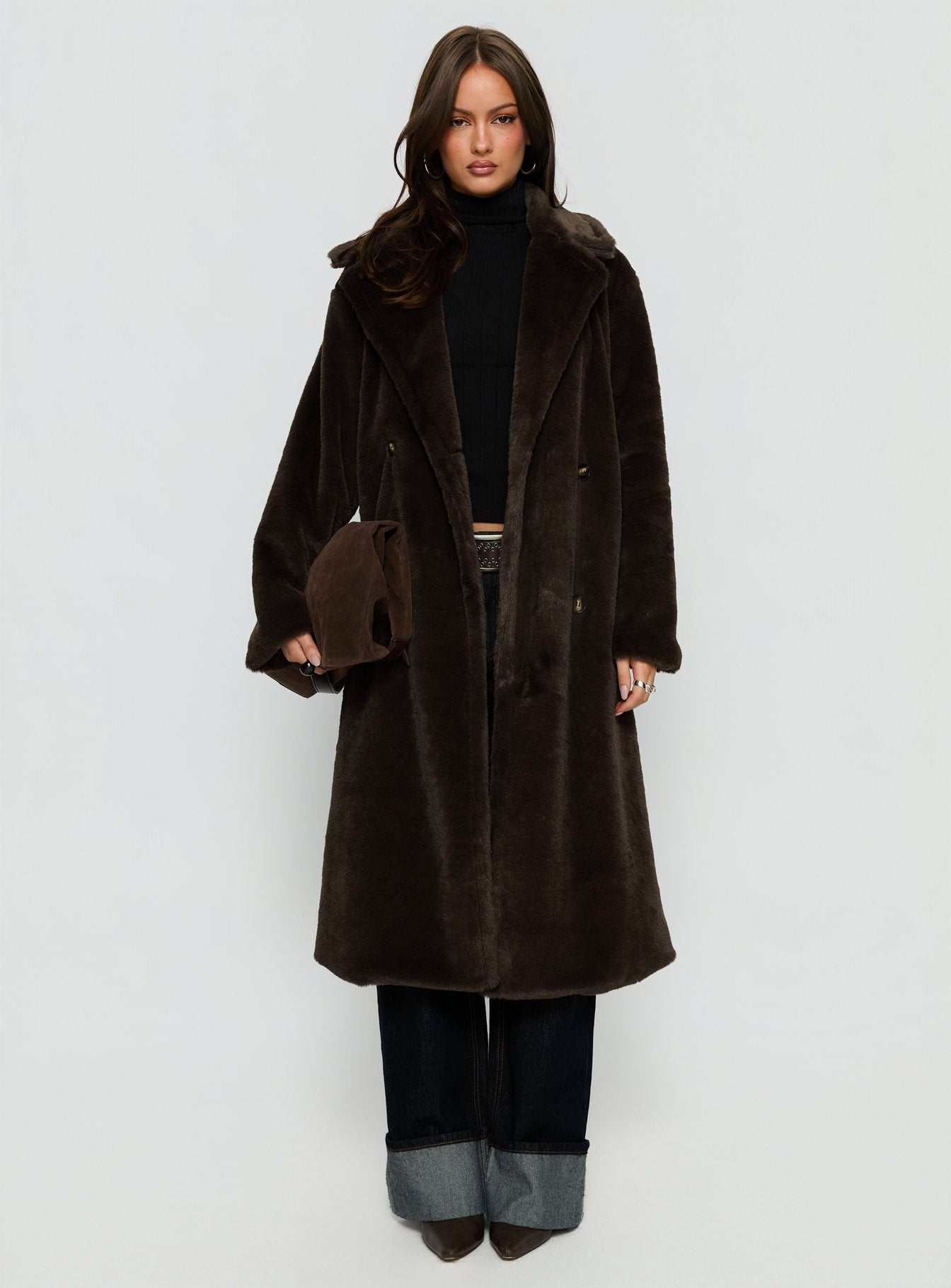 Alvie Longline Faux Fur Coat Brown | Princess Polly