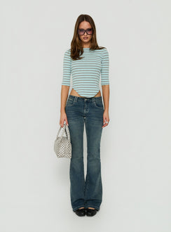 Cecielea Scooped Hem 3/4 Sleeve Top Blue / Grey Stripe