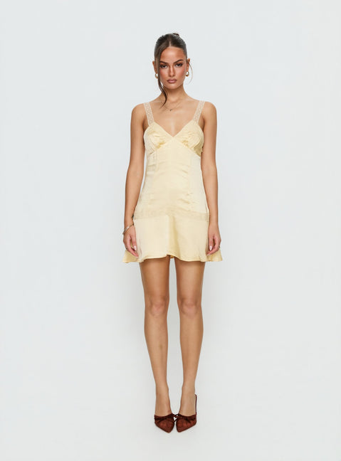 Sybelle Lace Drop Waist Mini Dress | Yellow | Womens | Princess Polly Lower Impact Sybelle Lace Drop Waist Mini Dress | Yellow | Womens | Princess Polly Lower Impact