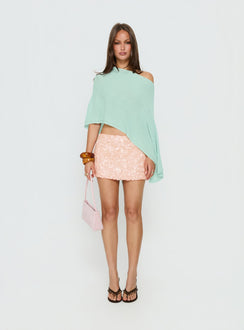 front view of model wearing Princess Polly Rouse Off Shoulder Knit Poncho Jelly Mint Longline Jumpers 