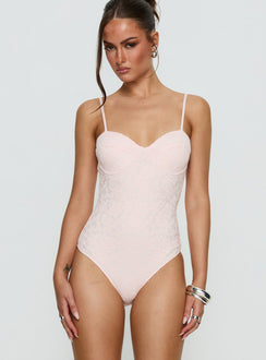 side view of model wearing Princess Polly Laryna Lace Bodysuit Pink Sleeveless 