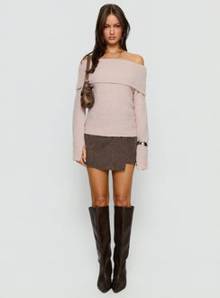 side view of model wearing Princess Polly Clairissa Off Shoulder Knit Sweater Pink Longline Jumpers 