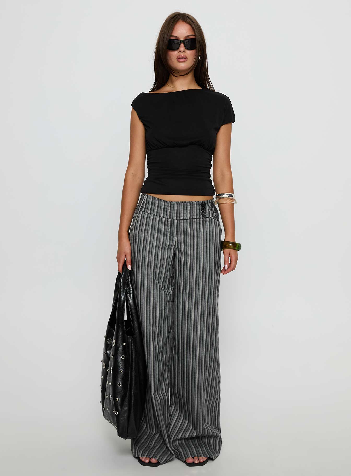 front view of model wearing Princess Polly Cedars Low Rise Pant Grey Stripe Low Rise Pants 