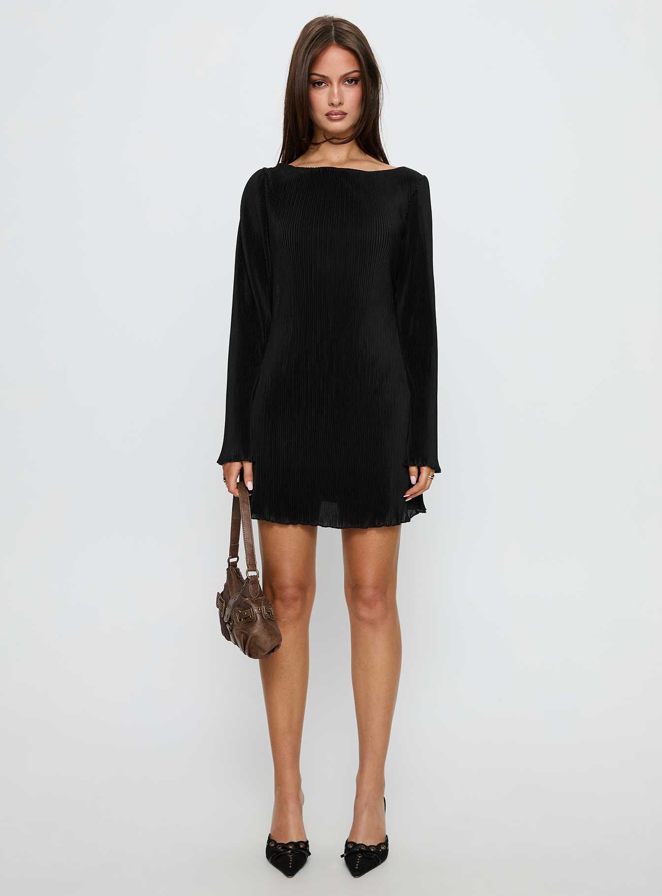 Lukea Long Sleeve Plisse Mini Dress Black | Princess Polly Lukea Long Sleeve Plisse Mini Dress Black | Princess Polly