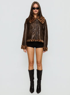 Brandyn Faux Fur Trim Jacket Brown / Leopard