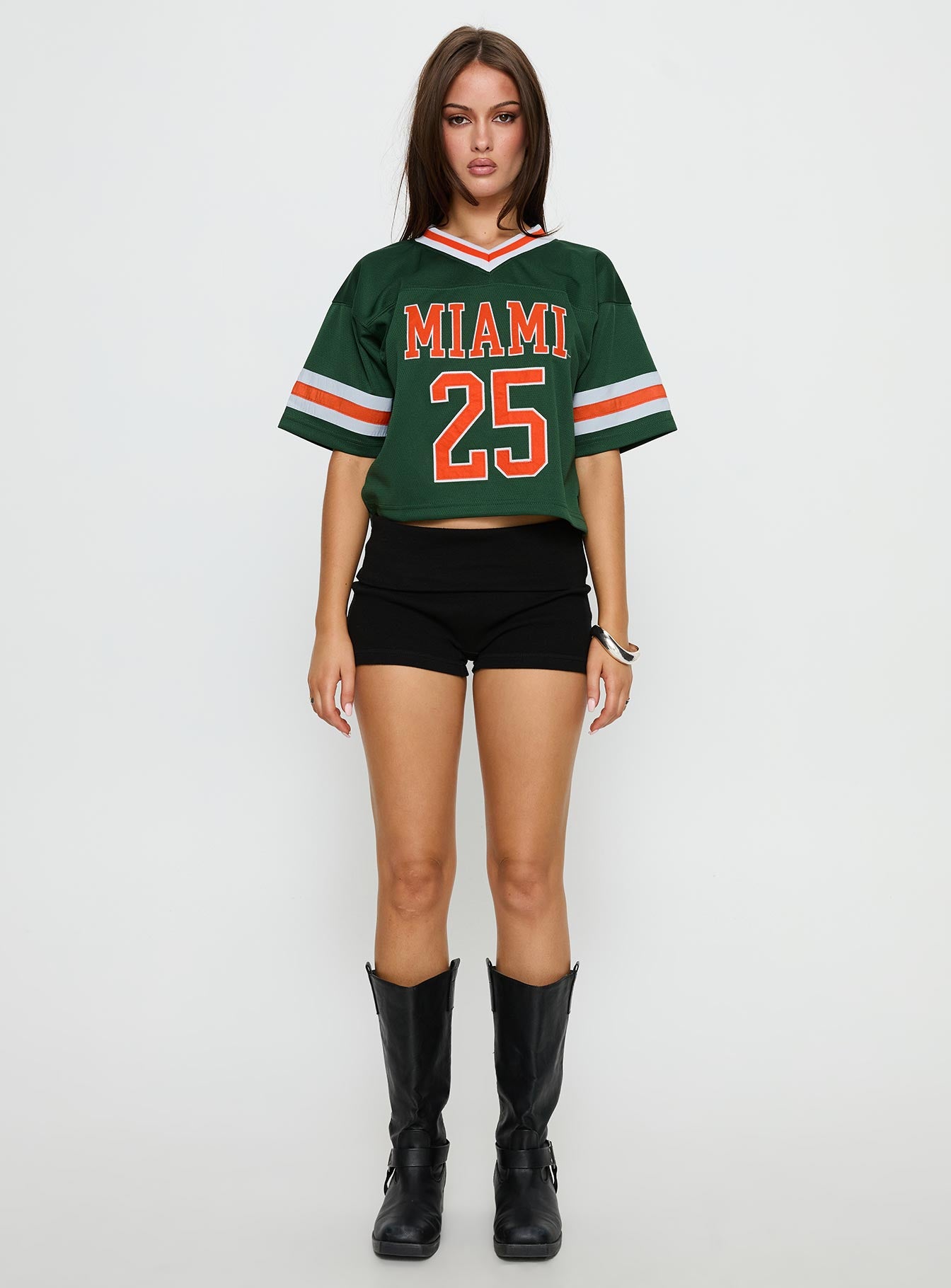 U Miami Cropped Football Jersey Tee Green | Princess Polly