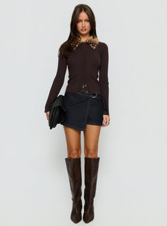   side view of model wearing Princess Polly Elinora Wrap Mini Skirt Raw Denim Mini Skirts 