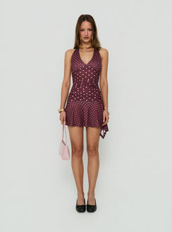 Mariellen Halter Mini Dress Plum Polka Dot