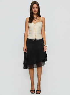   front view of model wearing Princess Polly Rosemead Satin Midi Skirt Black Midi Skirts 