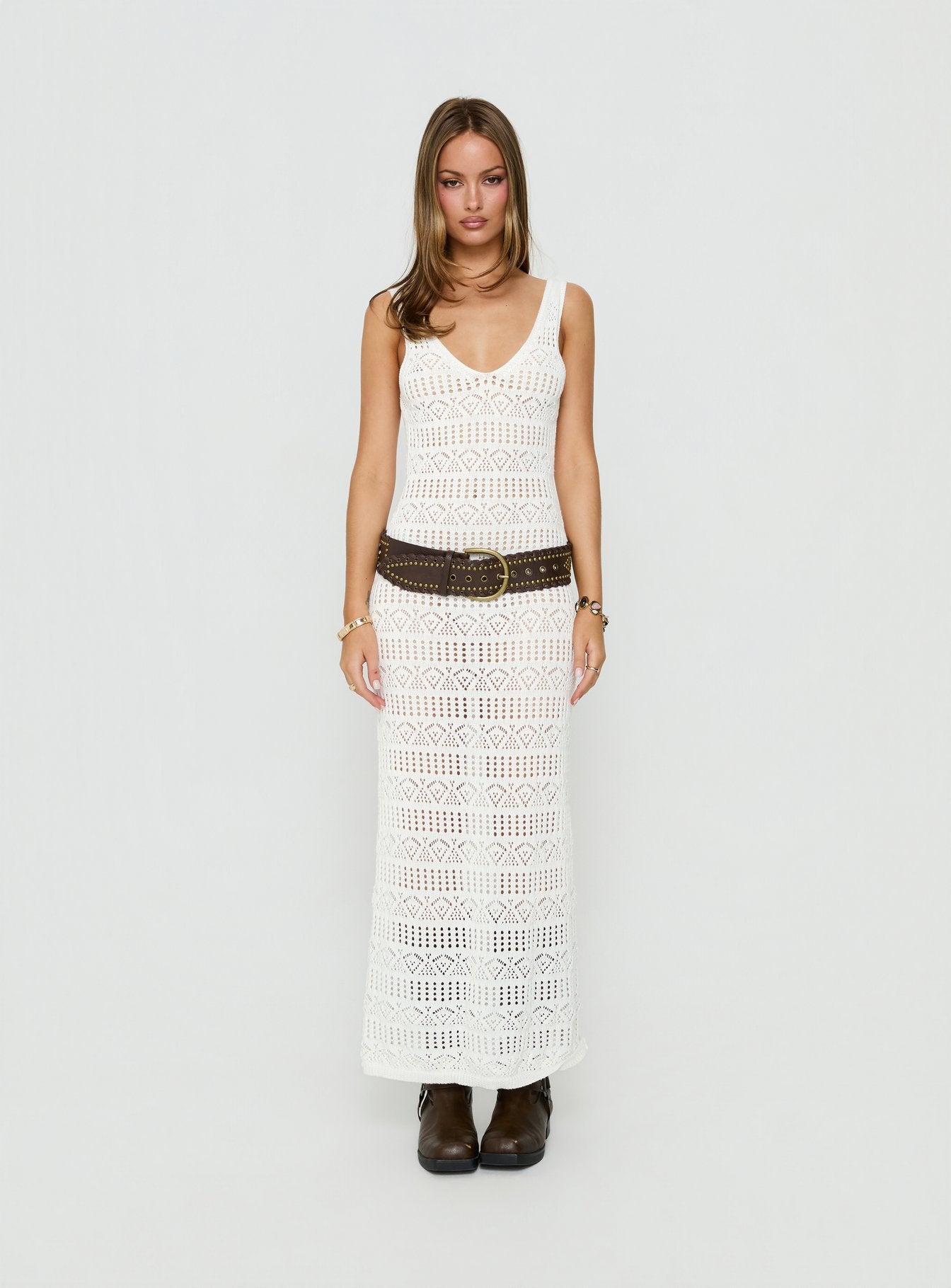 Ledena Knit V Neck Maxi Dress | Cream | Womens