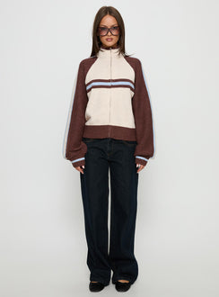 front view of model wearing Princess Polly Lexanne Zip Through Knit Jumper Cream Multi regular 