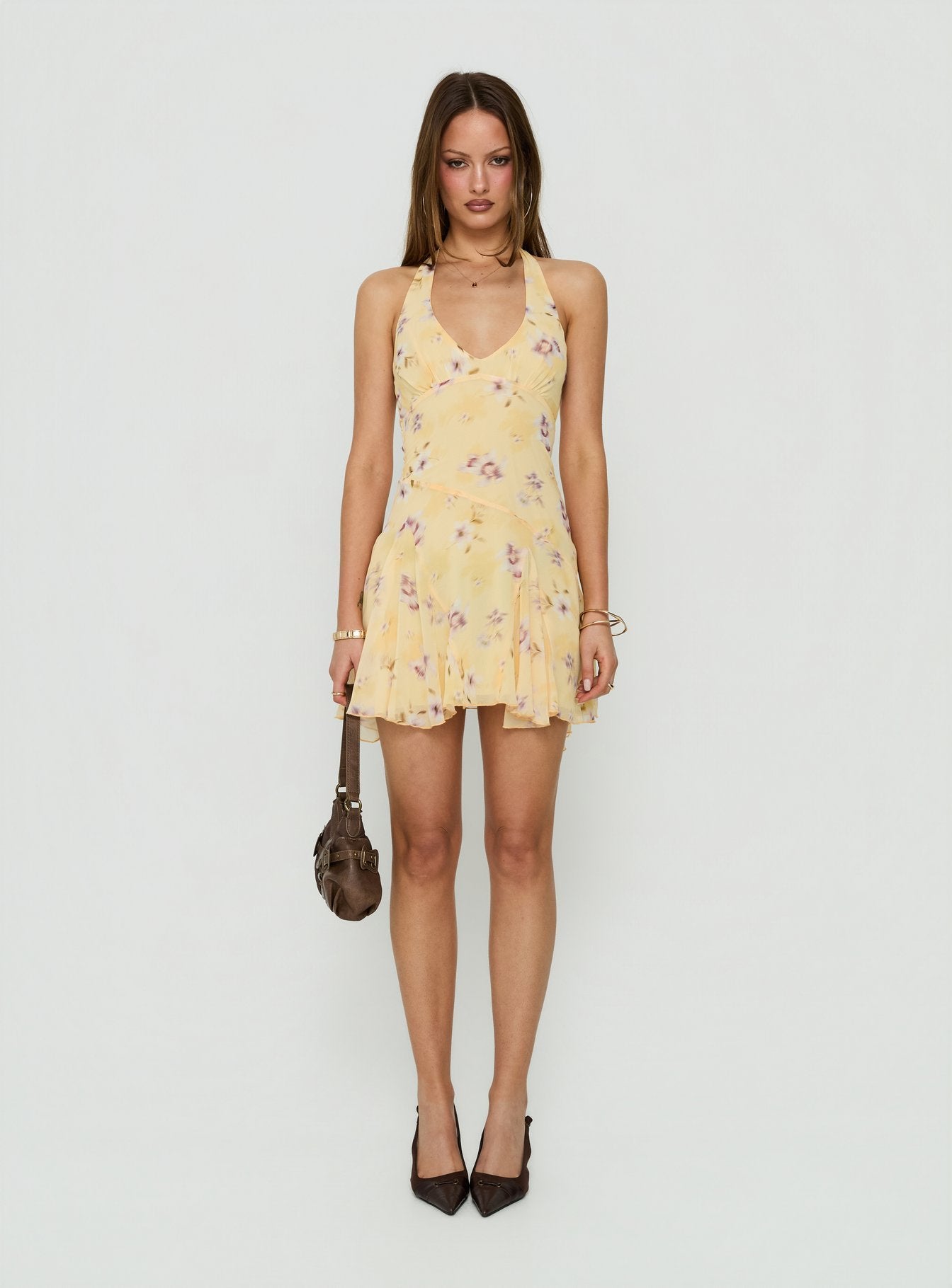 Isidorah Halter Pleat Mini Dress Blurred Yellow Floral