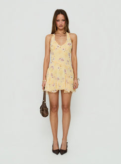Isidorah Halter Pleat Mini Dress Blurred Yellow Floral